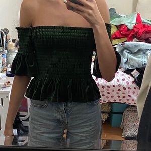 green off the shoulder velvet top